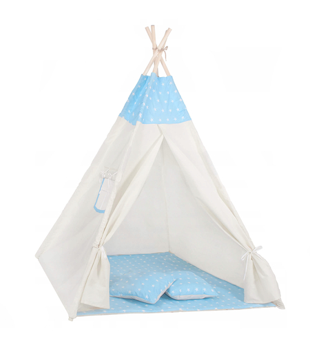 Cort copii Sersimo stil indian Teepee Tent cu fereastra, covoras gros si 2 perne, alb albastru
