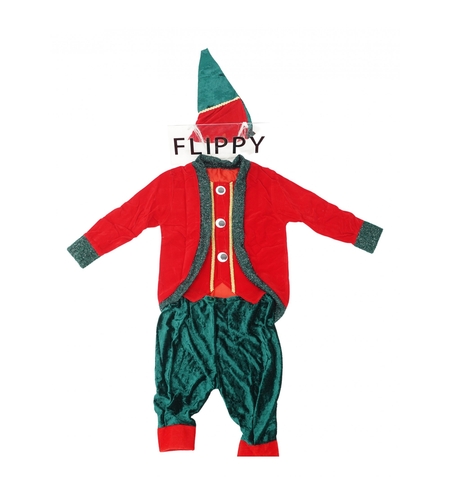 Costum Craciun, Flippy, Spiridus, rosu-verde, 7 - 9 ani, catifea