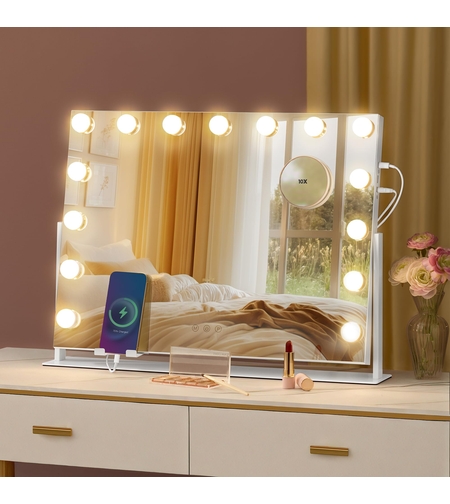 SONGMICS Oglinda machiaj cu iluminare LED, 3 culori lumina, suport telefon, porturi USB, zoom 10x, 58x43 cm, alb