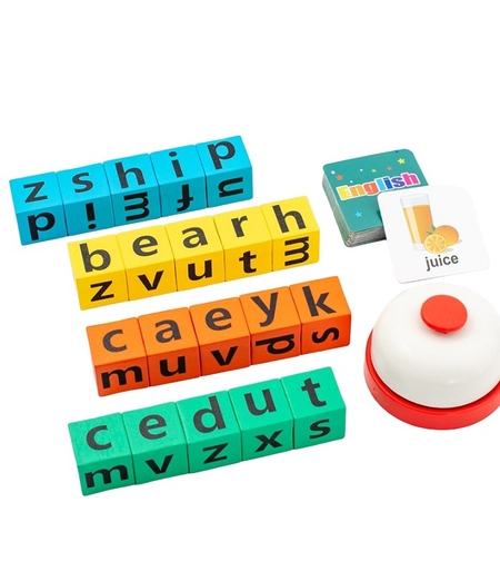 Joc cu Blocuri din Lemn, Flippy, Formare Cuvinte, Cartonase cu Obiecte si Animale, Clopotel, Joc pentru 4 Persoane, 3 Ani+, 28x15.5x5 cm, Multicolor
