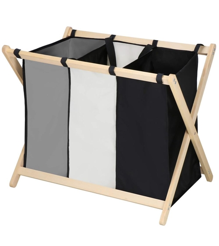Cos de rufe cu 3 compartimente, cadru din lemn, 67x43x55 cm, 105 litri