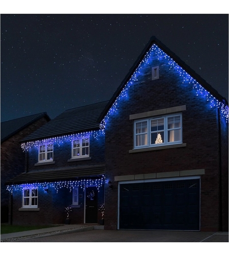 Instalatie Craciun Yoto, Tip Franjuri/Turturi, 4 m, 120 LED-uri, Prelungitor 1.5 m, 8 Jocuri de Lumini, Interconectabila, Conectare la Retea, Fir transparent, Interior/Exterior, Albastru