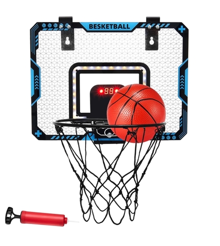 Cos de Baschet pentru Copii, Flippy, cu Tablou de Bord Electronic, Minge, Pompa, 2 Moduri, Interior/Exterior, Inel Metalic si Rabatabil cu Arc, Luminos, 41x31x5 cm, Multicolor