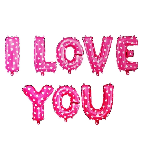 Set 8 Baloane din Folie Metalizata, Figurine Litere, Model I Love You, Tema Ziua Indragostitilor, 40 cm, Ambalaj Individual, Pai Inclus, Umflare cu Aer sau Heliu, Roz cu Inimioare Albe