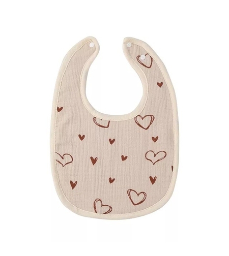 Baveta in Forma de U, Flippy, din Bumbac, pentru Copii 0-12 Luni, Rezistenta la Apa, cu Capse, Model cu Inimoare, 21x30 cm, Bej