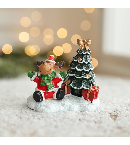 Ornament de Craciun din Rasina pentru Decor, Flippy, Model Ren cu Brad, Decoratiune de Birou pentru Craciun, 6.5 x 6.5 x 4 cm, Rosu Verde