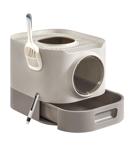 FEANDREA Litiera pentru pisici XXL cu capac, tava extensibila si accesorii incluse, din plastic PP, 54x43x40 cm, gri deschis