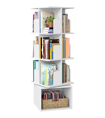VASAGLE Biblioteca rotativa, MDF, cu 4 niveluri si compartimente deschise, montaj pe podea, 40x40x125 cm, alb