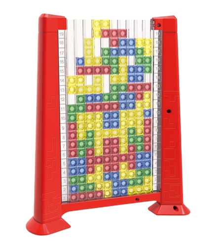 Joc de inteligenta Tetris puzzle tangram Flippy, 70 de piese multicolore, 3D, montessori, interactiv, din plastic, zar inclus, sac depozitare piese, varsta peste 6 ani, 23 x 19.8 x 5 cm, cadru rosu