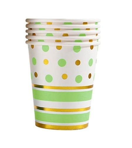 Set 10 Pahare, Flippy, Imprimeu cu Buline si Dungi, din Carton, 250 ml, 7.5 x 8.5 x 5.2 cm, Verde/Auriu