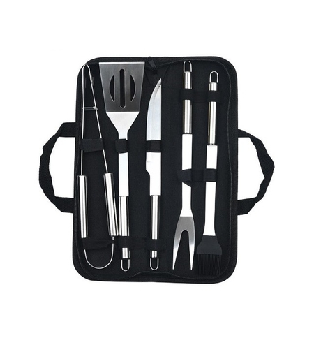 Set 5 Ustensile pentru Gratar, Flippy, din Otel Inoxidabil, Geanta Oxford, Argintiu