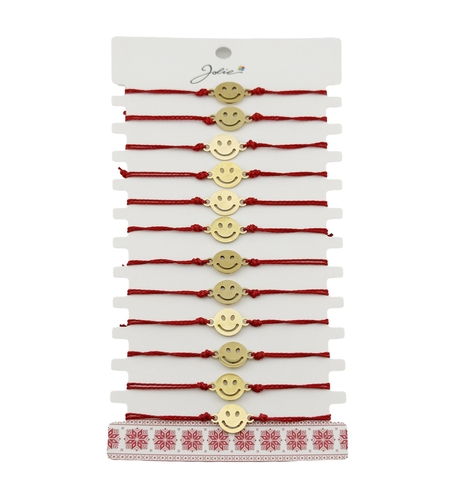 Bratara Martisor pentru Dama, Jolie, Model Smiley, Set 12 bucati, Pandativ din Inox Auriu, Snur Ajustabil Impletit, Rosu