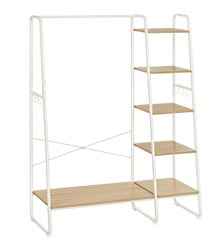 VASAGLE Raft pentru haine cu suport pentru pantofi, 5 polite, 6 carlige laterale, 45x120x160cm, alb