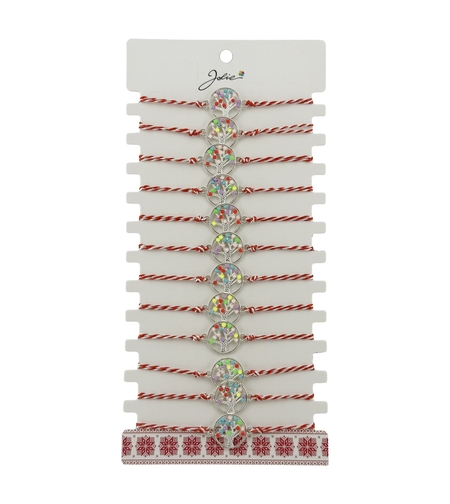 Bratara Martisor pentru Dama, Jolie, Model Copacel Colorat, Set 12 bucati, Pandativ Argintiu din Inox cu Elemente Multicolore, Snur Alb/Rosu