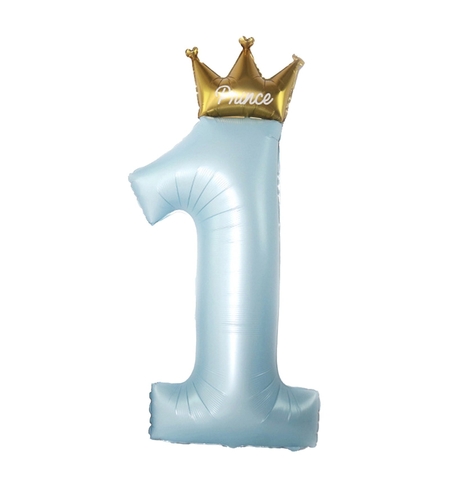 Balon din Folie Metalizata, Flippy, Figurina Cifra 1, Model Coroana Print, 91 cm, Ambalaj Individual, Pai inclus, Umflare cu Aer sau Heliu, Albastru