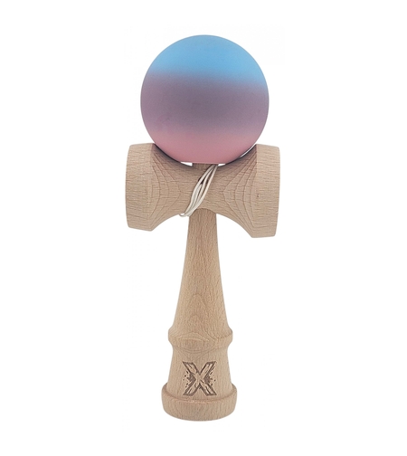 Kendama X Originala, Profesionala, Flippy, din Lemn, Rubber Grip, 18 cm, Roz/Mov/Albastru