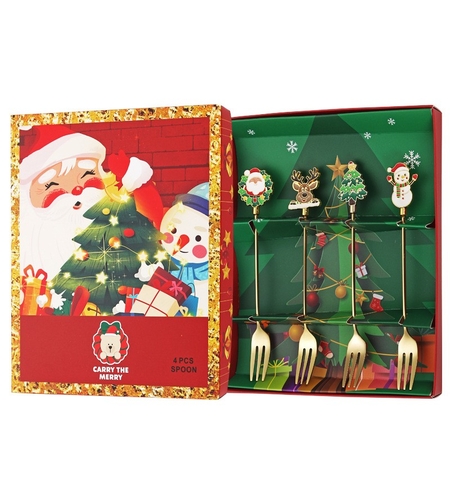 Set 4 Furculite, Flippy, Tema Craciun, Model Carry The Merry, 4 Modele, din Otel Inoxidabil, 19.5 x 16 x 2 cm, Multicolor