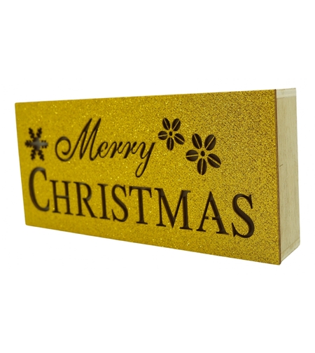 Decoratiune luminoasa, Flippy, Marry Christmas, galben, lungime: 19 cm, latime: 9 cm, inaltime: 4 cm, lemn, interior/exterior