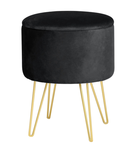 Taburet tapitat rotund Lili cu spatiu de depozitare, velur, 35x35x45 cm, negru