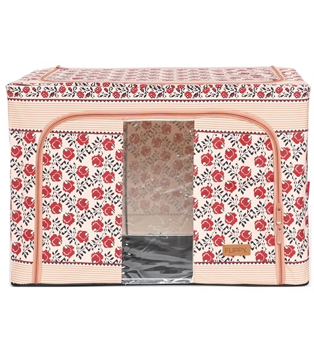 Cutie de Depozitare Pliabila, Flippy,100 L din Bumbac si In, 60X42X40 cm, Fereastra Frontala, 2 Usi de Acces cu Fermoar Bidirectional, Cadru Metalic, Suport Baza Stabil din Plastic, Motiv Traditional Model 4