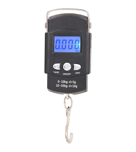 Cantar Digital de Mana cu Carlig, Flippy, Cantar Portabil, Pescuit, cu Maner, Capacitate 50 kg, cu Metru Incorporat, 20.5 x 6 x 2.5 cm, Negru