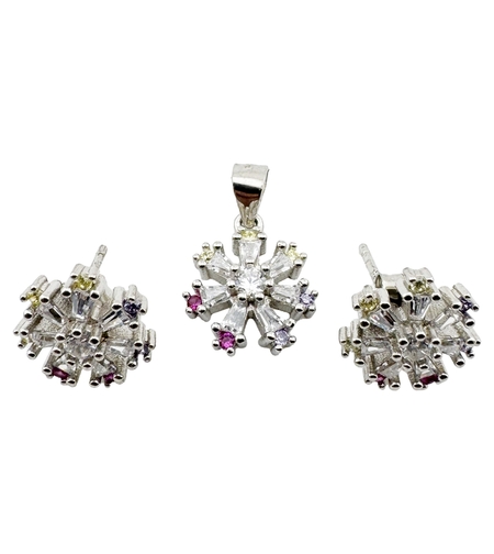 Set Pandativ cu Cercei pentru Dama, Jolie, Argint 925, Model Floare cu Margini Colorate, 4.48 g, 1.5 cm x 1.7 cm, Argintiu/Multicolor