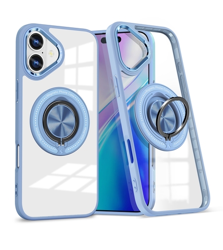 Husa de Protectie TPU, Vafy, pentru iPhone 16, Anticadere, cu Incarcare Wireless, Tehnologie Magsafe, Inel Magnetic Rotativ cu Functie de Suport, Transparent-Albastru Deschis