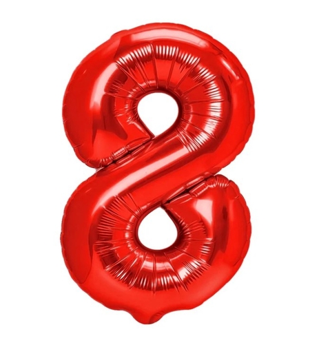 Balon din Folie Metalizata Flippy, Figurina Cifra, Tema Aniversare 40 cm, Ambalaj Individual, Pai inclus, Umflare cu Aer sau Heliu, Rosu, Cifra 8