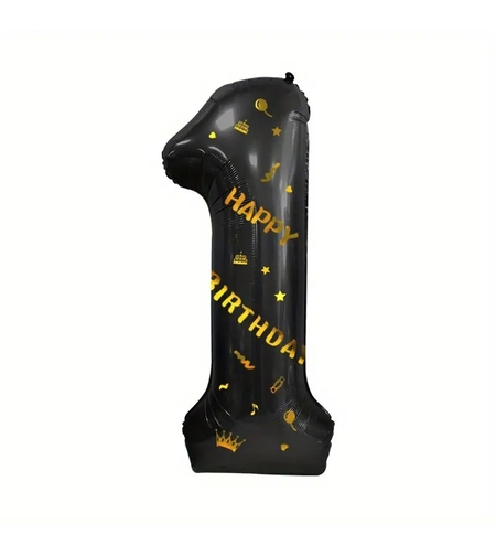 Balon din Folie Metalizata Flippy, Figurina Cifra, Scris Happy Birthday, Tema Aniversare 100 cm, Ambalaj Individual, Pai inclus, Umflare cu Aer sau Heliu, Negru, Cifra 1