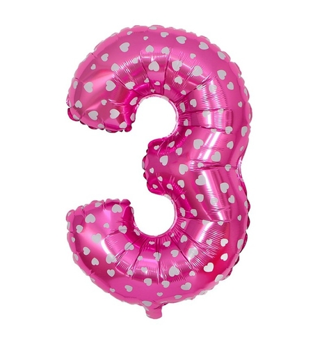 Balon din Folie Metalizata Flippy, Figurina Cifra, Imprimeu Inimi, Tema Aniversare 80 cm, Ambalaj Individual, Pai inclus, Umflare cu Aer sau Heliu, Roz, Cifra 3