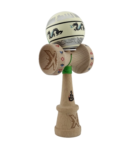 Kendama X Originala, Profesionala, Flippy, DRAGON Series, Super Sticky cu Cupe Mari King Size V3, Rulment Metalic si Gaura in Baza, din Lemn 18 cm, Ata 62/65 cm, Gri/Verde deschis