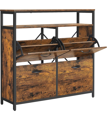 VASAGLE Dulap pantofi din MDF cu ​​4 usi basculante, pentru 12-20 perechi, 98x30x95cm, maro rustic si negru
