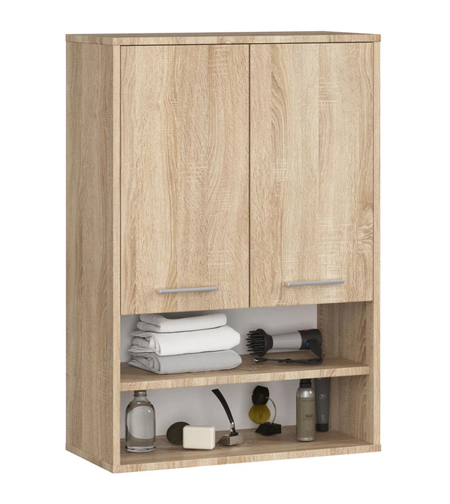 Dulap baie suspendat, cu 2 usi si 2 rafturi deschise, PAL 16 mm, 64x30x94 cm, stejar sonoma