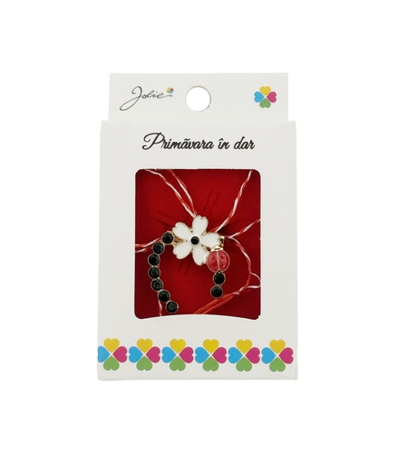 Martisor Brosa, Jolie, Model Potcoava cu Floare Alba, Metal Emailat in Culori, Sistem de Prindere cu Ac, Dimensiune 2.5–3 cm, Ambalaj Individual cu Design, Multicolor