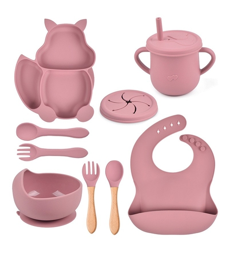Set 10 piese diversificare bebelusi si copii din silicon Flippy, baveta, farfurie compartimentata cu ventuza, bol cu ventuza, tacamuri din lemn si silicon, cana pentru gustari, fara alergeni, roz pudrat