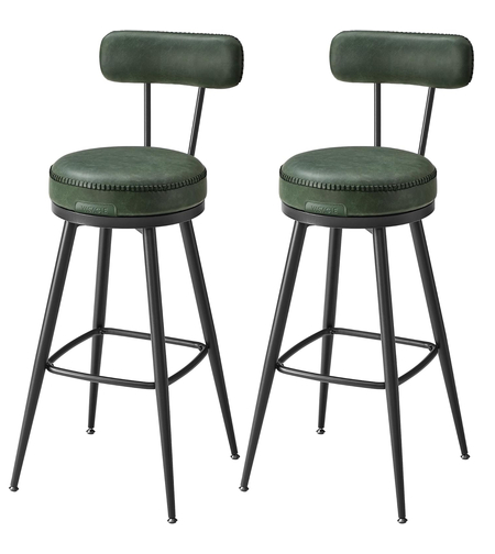 VASAGLE set 2 scaune de bar rotative 360°, cu spatar, inaltime 101 cm, piele sintetica, cadru otel, stil modern, verde