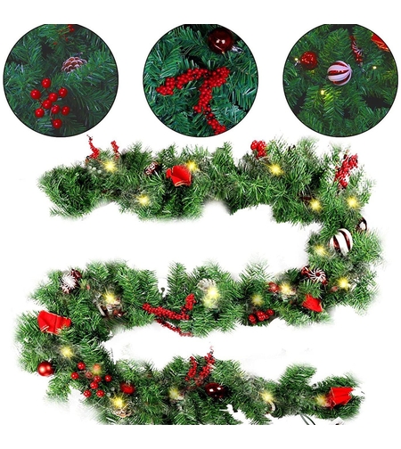 Ghirlanda de Craciun, Flippy, din Brad Artificial cu Decoratiuni, cu Baterii, 30 LED-uri, 180 cm, Verde