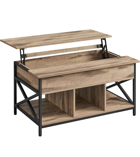 VASAGLE Masa de cafea cu inaltime reglabila, spatiu de depozitare ascuns, 60x100x(48-62) cm, gri stejar