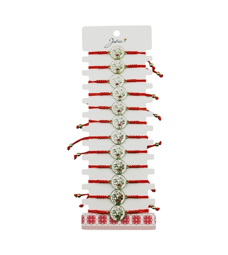 Martisor Bratara pentru Dama si Copii, Jolie, Model Gradina Magica cu Lacramioare si Fluture, Set 12 bucati, Pandantiv Emailat, Snur Reglabil, Rosu/Alb