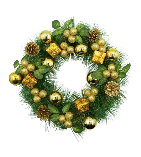 Coronita de Craciun pentru usa, Verde/Auriu, 35 cm, PVC, Artificiala, Decorata, Interior/Exterior, Flippy
