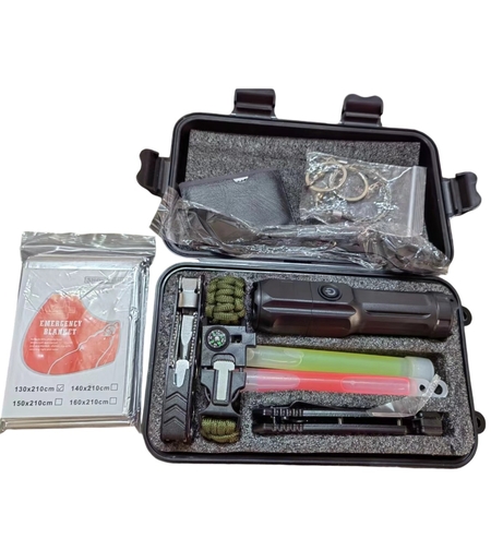 Kit supravietuire multifunctional, Flippy, Instrumente profesionale, Tip Valiza, pentru Camping, Drumetii, Aventuri in aer liber, 130x210 cm, Negru