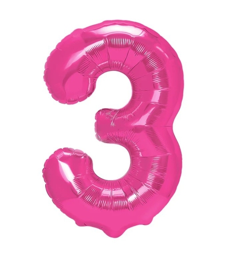 Balon din Folie Metalizata Flippy, Figurina Cifra, Tema Aniversare 80 cm, Ambalaj Individual, Pai inclus, Umflare cu Aer sau Heliu, Roz, Cifra 3