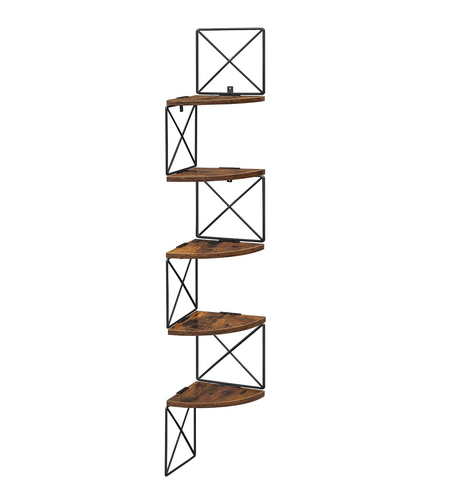 VASAGLE Raft de perete pentru colt, cadru otel cu 5 etaje din MDF, 20x20x128cm, maro rustic si negru