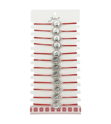 Bratara Martisor pentru Dama, Jolie, Model Soare, Set 12 bucati, Pandativ Argintiu din Inox cu Snur Rosu Ajustabil