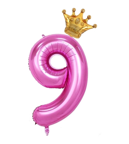 Balon din Folie Metalizata Flippy, Figurina Cifra si Coroana, Tema Aniversare 100 cm, Ambalaj Individual, Pai inclus, Umflare cu Aer sau Heliu, Roz, Cifra 9