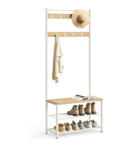 VASAGLE Cuier hol 3 in 1 cu banca si raft pantofi, cadru metalic si PAL, 70x32x177 cm, stejar si crem
