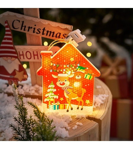 Decoratiune de Craciun Luminoasa in forma de casa, 11.5 x 9.7 cm, cu ren, cu agatatoare, Alb Cald, Flippy
