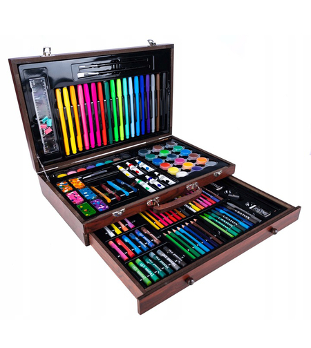 Set desen si pictura XL 130 piese cu valiza din lemn, 37x23x8 cm, multicolor