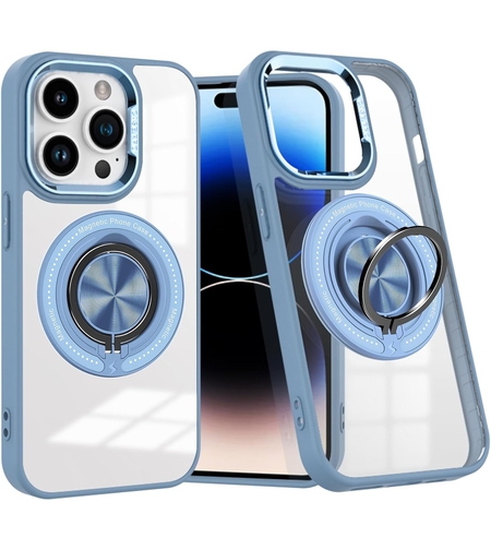 Husa de Protectie TPU, Vafy, pentru iPhone 16 Pro, Anticadere, cu Incarcare Wireless, Tehnologie Magsafe, Inel Magnetic Rotativ cu Functie de Suport, Transparent-Albastru Deschis