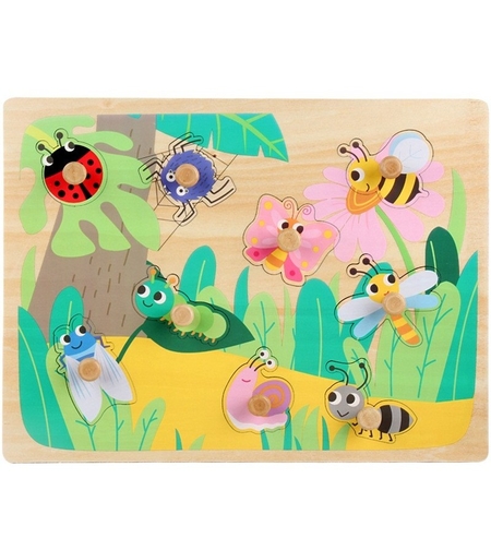Puzzle Montessori din Lemn pentru Copii, Flippy, 3D, 0-3 Ani, Model Insecte, Educativ, Intuitiv, Creativ, 9 Piese, 30x22.5x0.8 cm, Multicolor